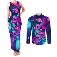 Space Skull Couples Matching Tank Maxi Dress and Long Sleeve Button Shirts Skeleton Color Neon Paint On Space - Wonder Print Shop