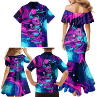 Space Skull Family Matching Mermaid Dress and Hawaiian Shirt Skeleton Color Neon Paint On Space - Wonder Print Shop