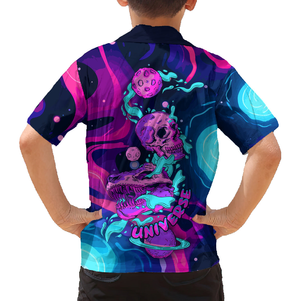Space Skull Kid Hawaiian Shirt Skeleton Color Neon Paint On Space - Wonder Print Shop