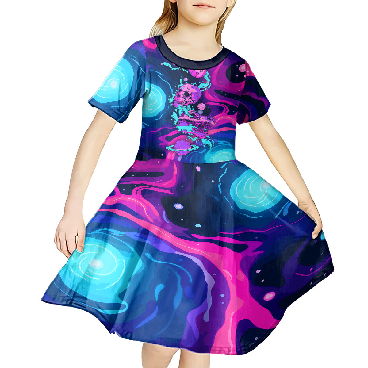 Space Skull Kid Short Sleeve Dress Skeleton Color Neon Paint On Space - Wonder Print Shop