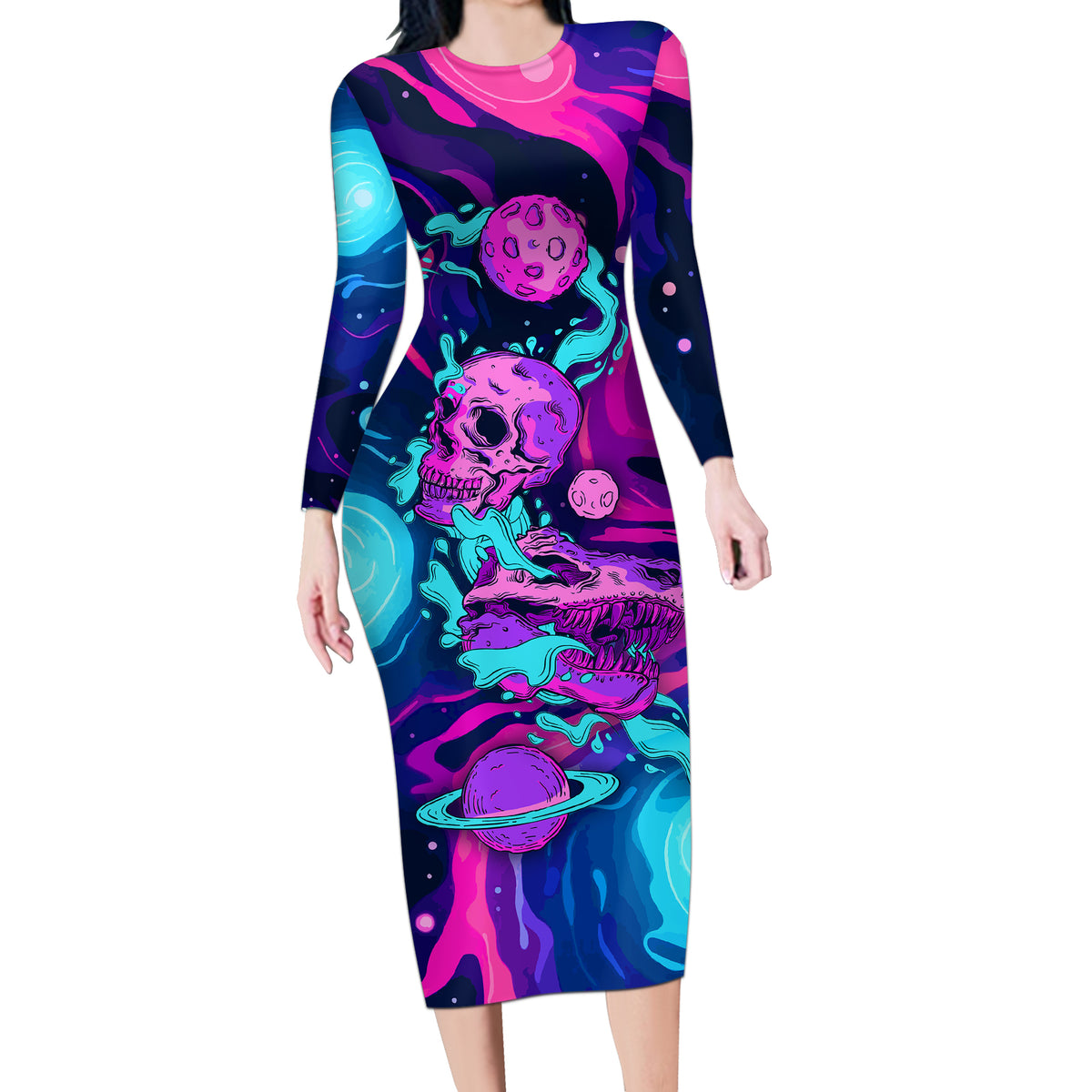 Space Skull Long Sleeve Bodycon Dress Skeleton Color Neon Paint On Space - Wonder Print Shop