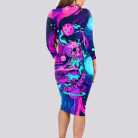 Space Skull Long Sleeve Bodycon Dress Skeleton Color Neon Paint On Space - Wonder Print Shop