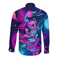 Space Skull Long Sleeve Button Shirt Skeleton Color Neon Paint On Space - Wonder Print Shop