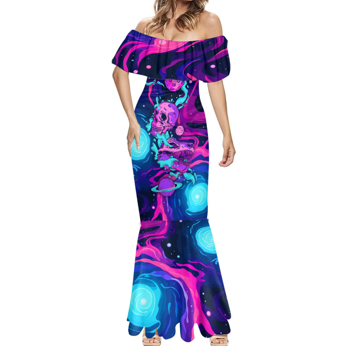 Space Skull Mermaid Dress Skeleton Color Neon Paint On Space - Wonder Print Shop