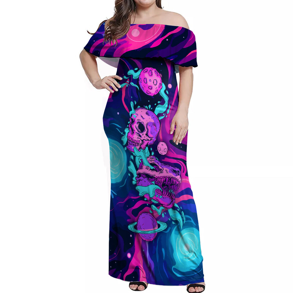 Space Skull Off Shoulder Maxi Dress Skeleton Color Neon Paint On Space - Wonder Print Shop
