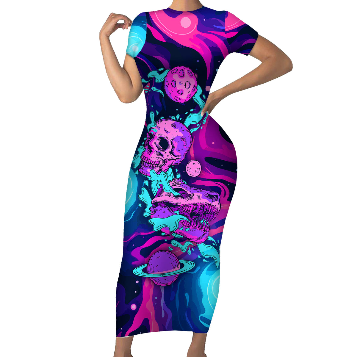 Space Skull Short Sleeve Bodycon Dress Skeleton Color Neon Paint On Space - Wonder Print Shop