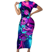 Space Skull Short Sleeve Bodycon Dress Skeleton Color Neon Paint On Space - Wonder Print Shop