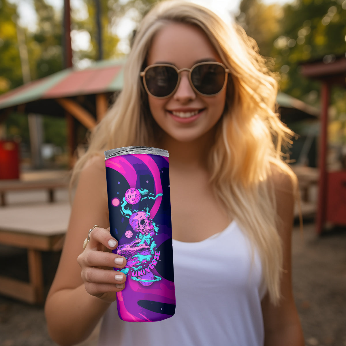 Space Skull Skinny Tumbler Skeleton Color Neon Paint On Space - Wonder Print Shop