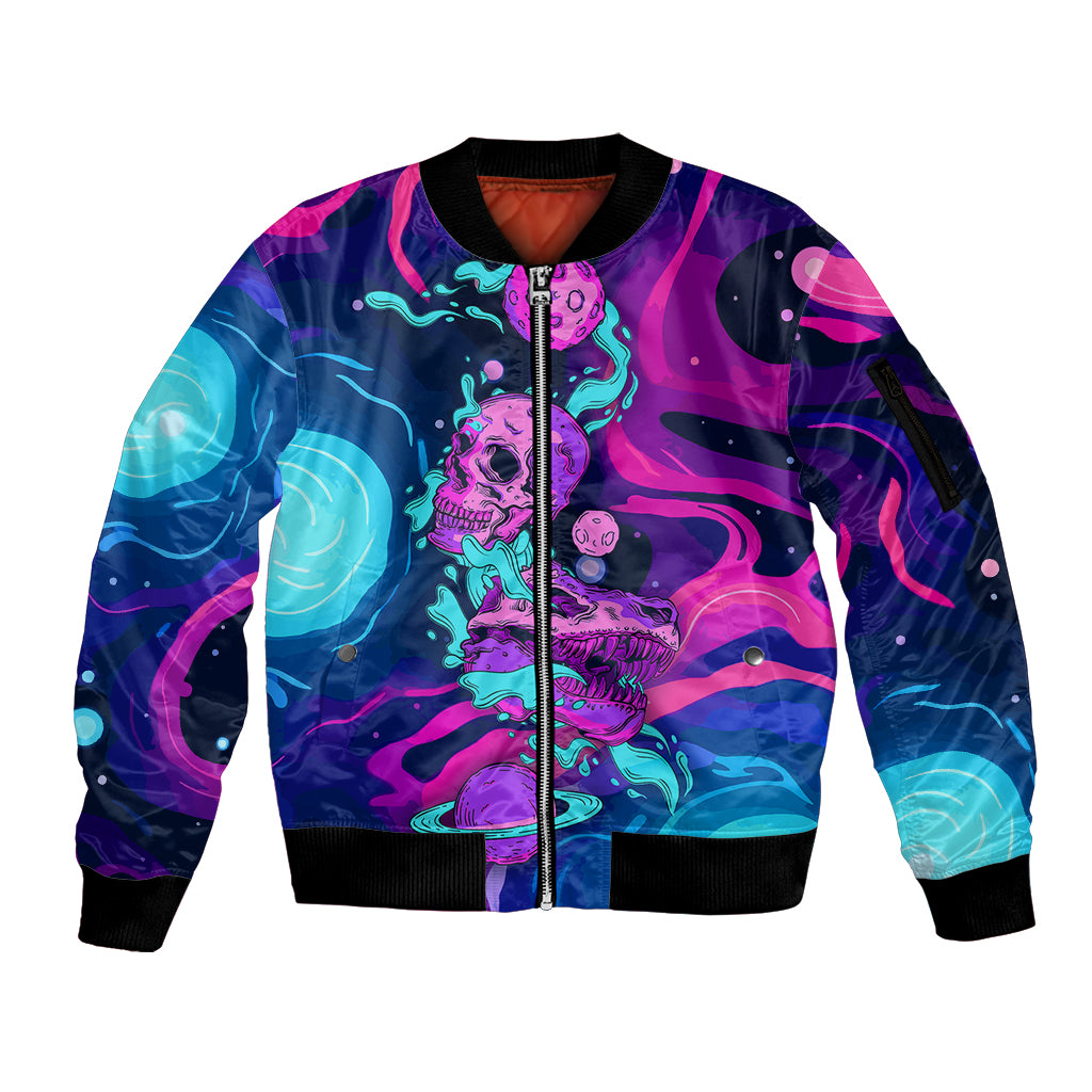 Space Skull Sleeve Zip Bomber Jacket Skeleton Color Neon Paint On Space - Wonder Print Shop