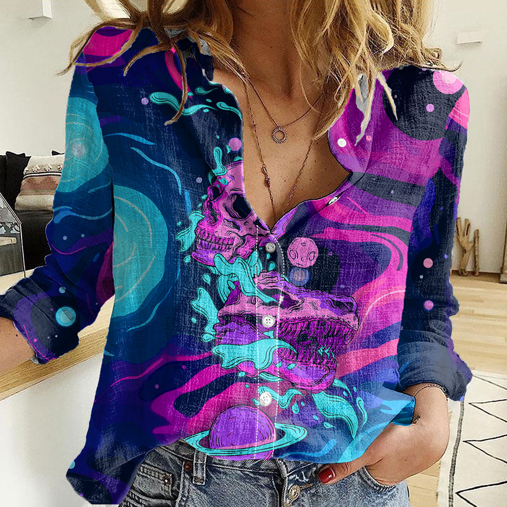 Space Skull Women Casual Shirt Skeleton Color Neon Paint On Space - Wonder Print Shop