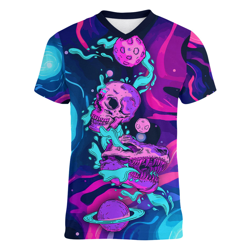 Space Skull Women V Neck T Shirt Skeleton Color Neon Paint On Space - Wonder Print Shop