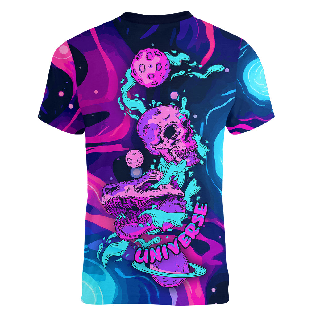 Space Skull Women V Neck T Shirt Skeleton Color Neon Paint On Space - Wonder Print Shop