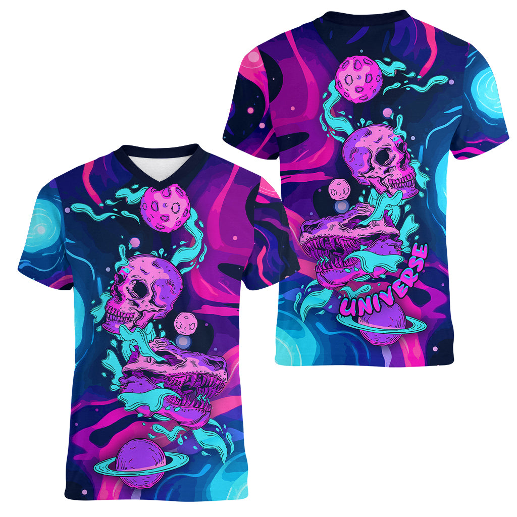 Space Skull Women V Neck T Shirt Skeleton Color Neon Paint On Space - Wonder Print Shop