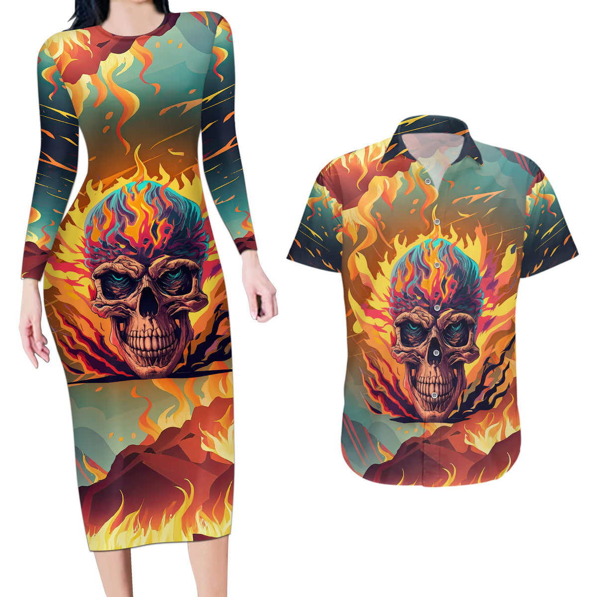 I Can Fix Stupid Bit It's Gonna Hurt Flaming kull Couples Matching Long Sleeve Bodycon Dress and Hawaiian Shirt - Wonder Print Shop