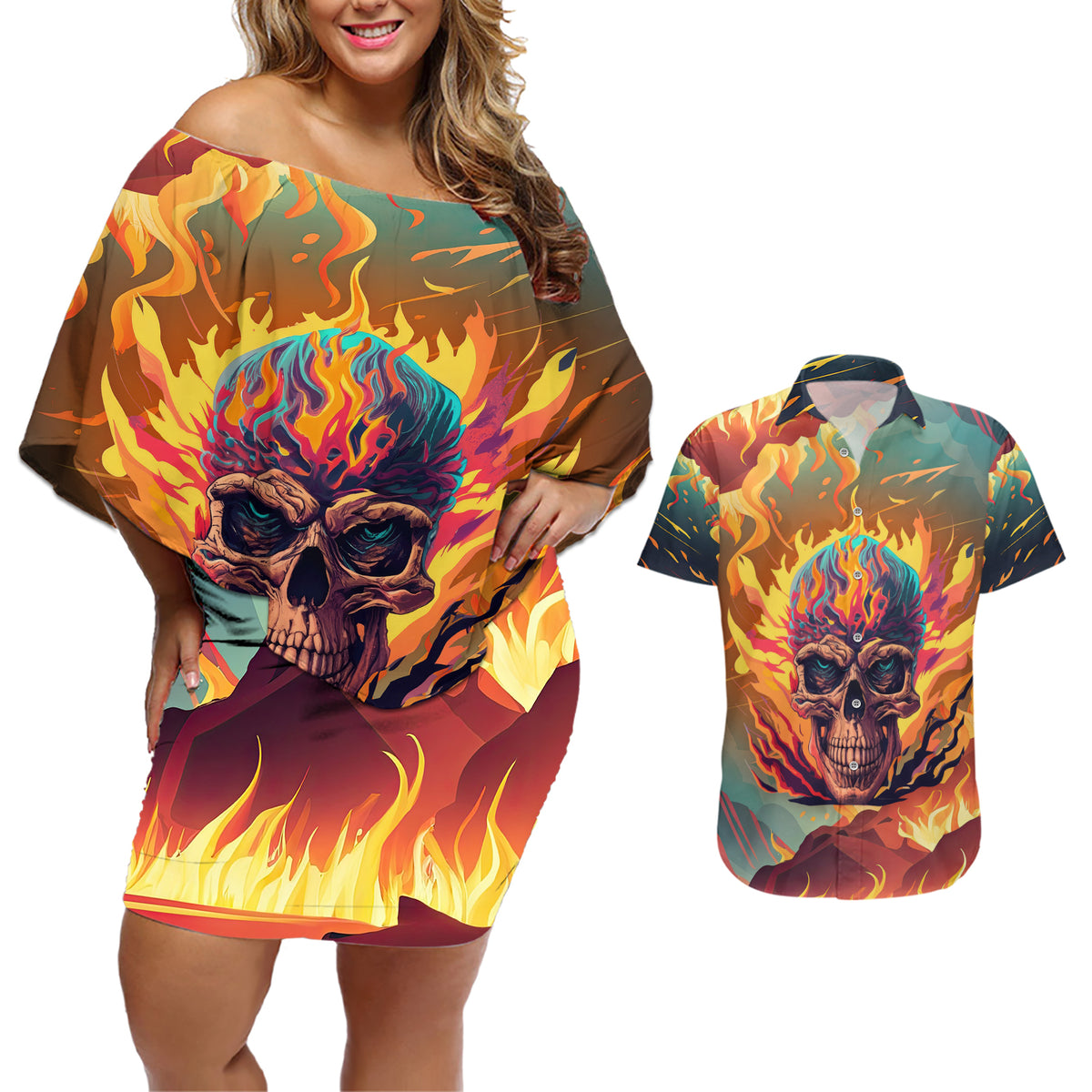 I Can Fix Stupid Bit It's Gonna Hurt Flaming kull Couples Matching Off Shoulder Short Dress and Hawaiian Shirt - Wonder Print Shop