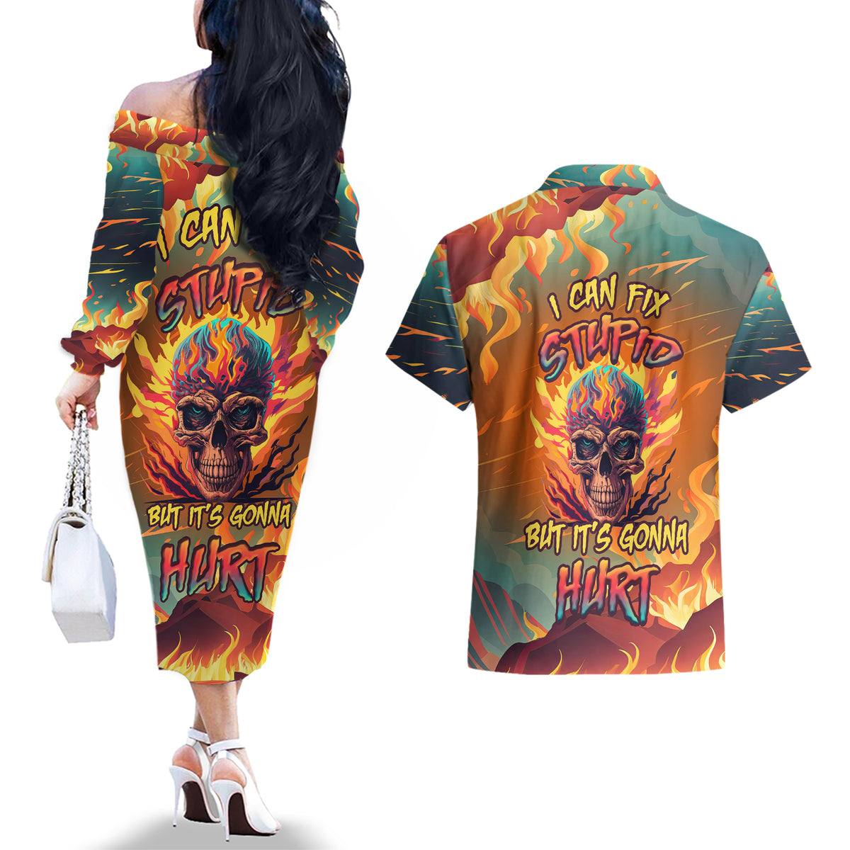I Can Fix Stupid Bit It's Gonna Hurt Flaming kull Couples Matching Off The Shoulder Long Sleeve Dress and Hawaiian Shirt - Wonder Print Shop