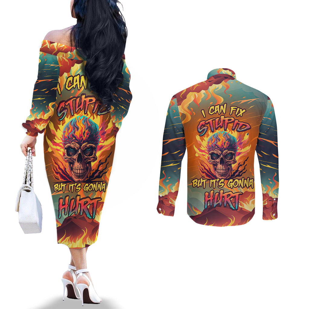 i-can-fix-stupid-bit-its-gonna-hurt-flaming-kull-couples-matching-off-the-shoulder-long-sleeve-dress-and-long-sleeve-button-shirts