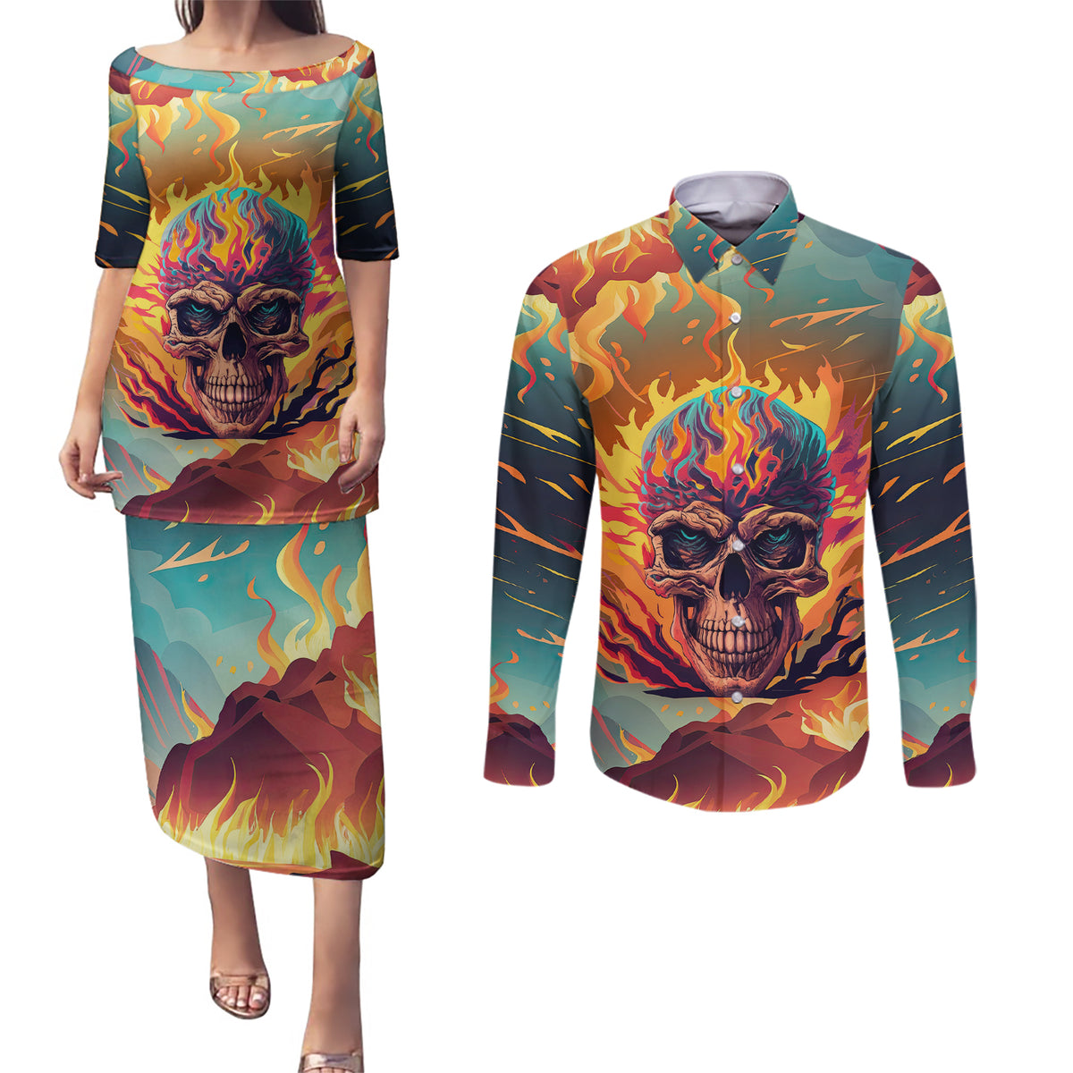 I Can Fix Stupid Bit It's Gonna Hurt Flaming kull Couples Matching Puletasi Dress and Long Sleeve Button Shirts - Wonder Print Shop