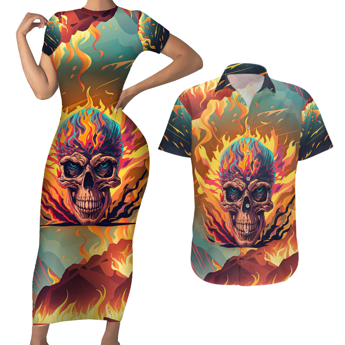 I Can Fix Stupid Bit It's Gonna Hurt Flaming kull Couples Matching Short Sleeve Bodycon Dress and Hawaiian Shirt - Wonder Print Shop