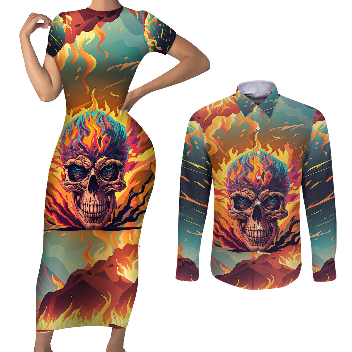 I Can Fix Stupid Bit It's Gonna Hurt Flaming kull Couples Matching Short Sleeve Bodycon Dress and Long Sleeve Button Shirts - Wonder Print Shop