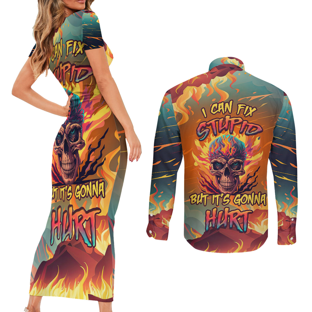 I Can Fix Stupid Bit It's Gonna Hurt Flaming kull Couples Matching Short Sleeve Bodycon Dress and Long Sleeve Button Shirts - Wonder Print Shop