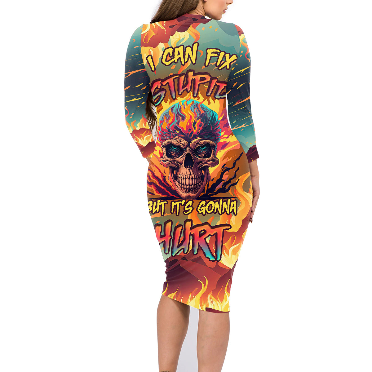 I Can Fix Stupid Bit It's Gonna Hurt Flaming kull Family Matching Long Sleeve Bodycon Dress and Hawaiian Shirt - Wonder Print Shop