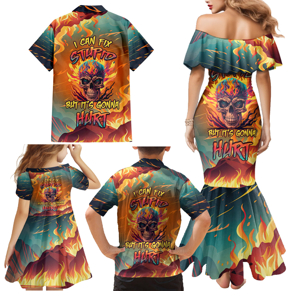 I Can Fix Stupid Bit It's Gonna Hurt Flaming kull Family Matching Mermaid Dress and Hawaiian Shirt - Wonder Print Shop