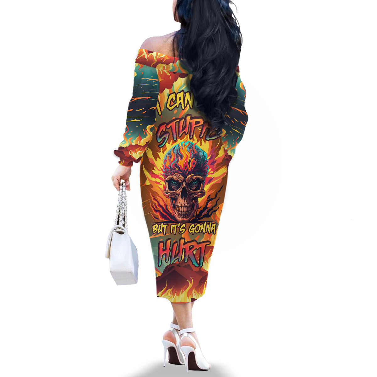 I Can Fix Stupid Bit It's Gonna Hurt Flaming kull Family Matching Off Shoulder Long Sleeve Dress and Hawaiian Shirt - Wonder Print Shop