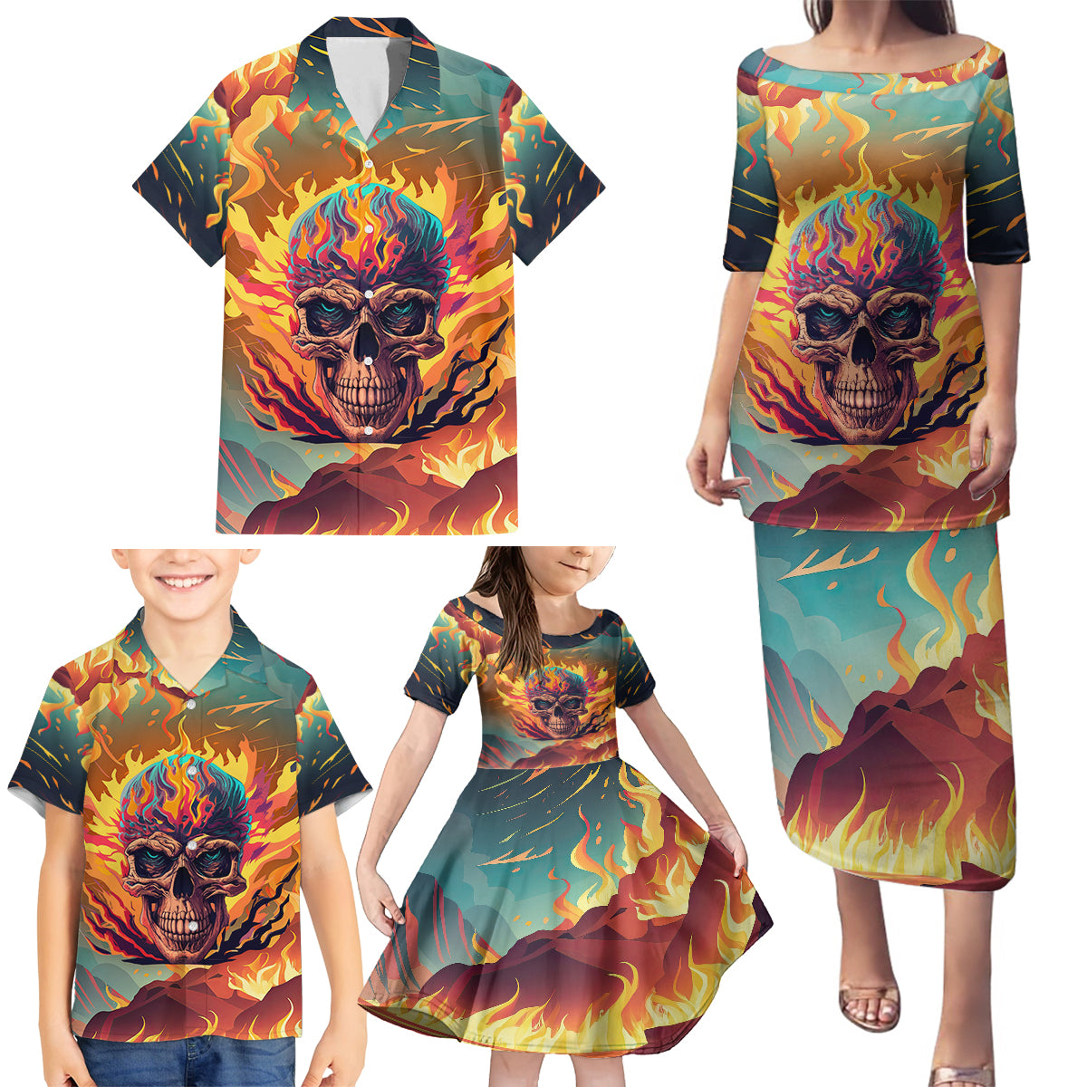 I Can Fix Stupid Bit It's Gonna Hurt Flaming kull Family Matching Puletasi Dress and Hawaiian Shirt - Wonder Print Shop