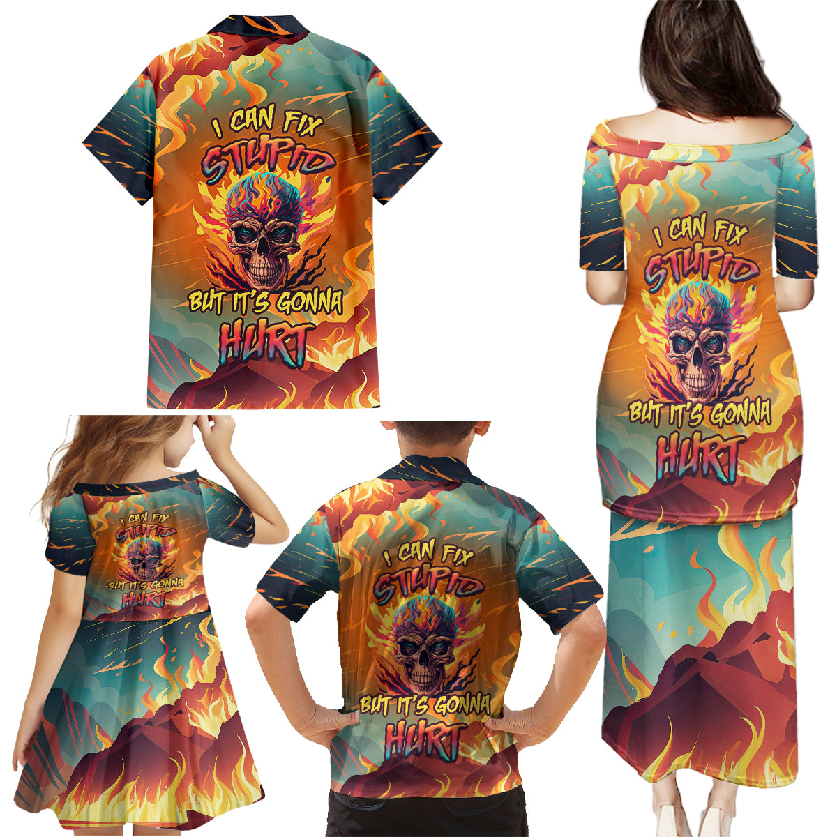 I Can Fix Stupid Bit It's Gonna Hurt Flaming kull Family Matching Puletasi Dress and Hawaiian Shirt - Wonder Print Shop