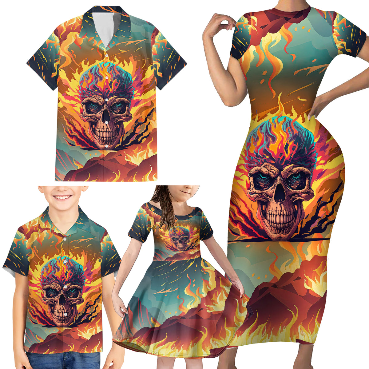 I Can Fix Stupid Bit It's Gonna Hurt Flaming kull Family Matching Short Sleeve Bodycon Dress and Hawaiian Shirt - Wonder Print Shop