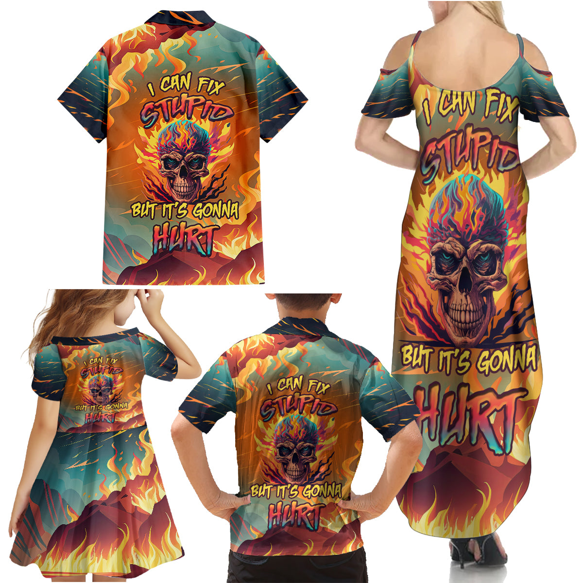 I Can Fix Stupid Bit It's Gonna Hurt Flaming kull Family Matching Summer Maxi Dress and Hawaiian Shirt - Wonder Print Shop