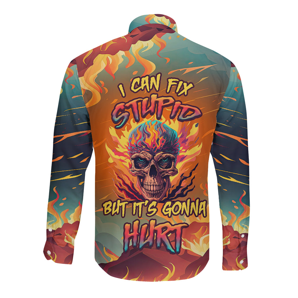 I Can Fix Stupid Bit It's Gonna Hurt Flaming kull Long Sleeve Button Shirt - Wonder Print Shop