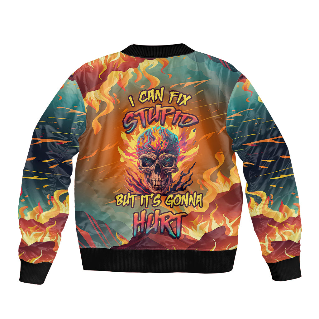 I Can Fix Stupid Bit It's Gonna Hurt Flaming kull Sleeve Zip Bomber Jacket - Wonder Print Shop