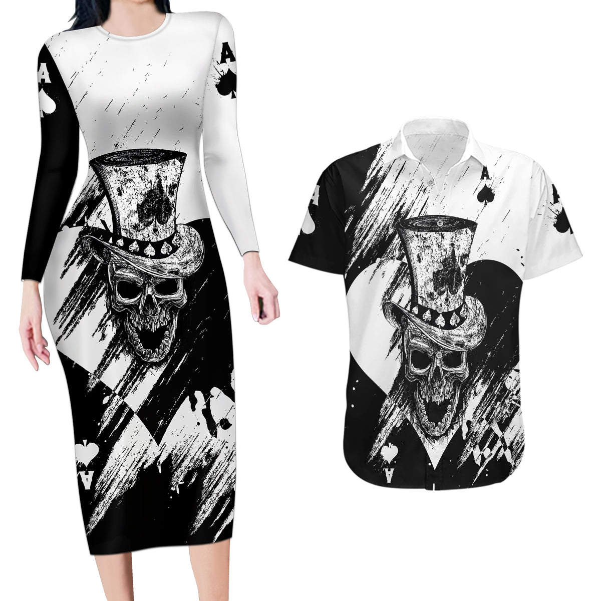 Black Joke Skull Couples Matching Long Sleeve Bodycon Dress and Hawaiian Shirt Spade Ace Grunge Art - Wonder Print Shop