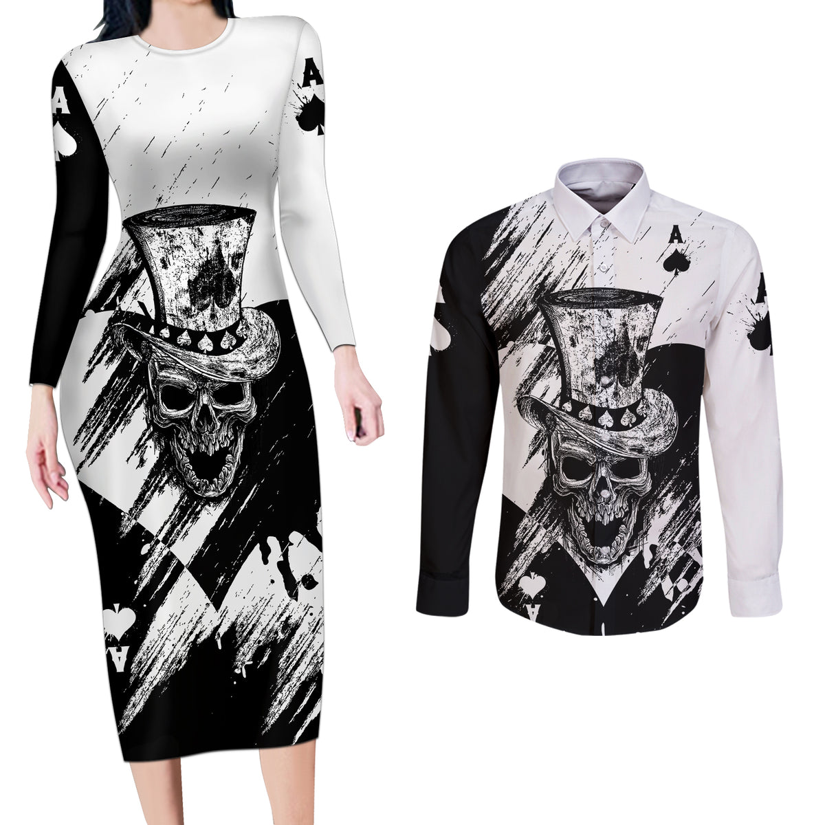 Black Joke Skull Couples Matching Long Sleeve Bodycon Dress and Long Sleeve Button Shirts Spade Ace Grunge Art - Wonder Print Shop