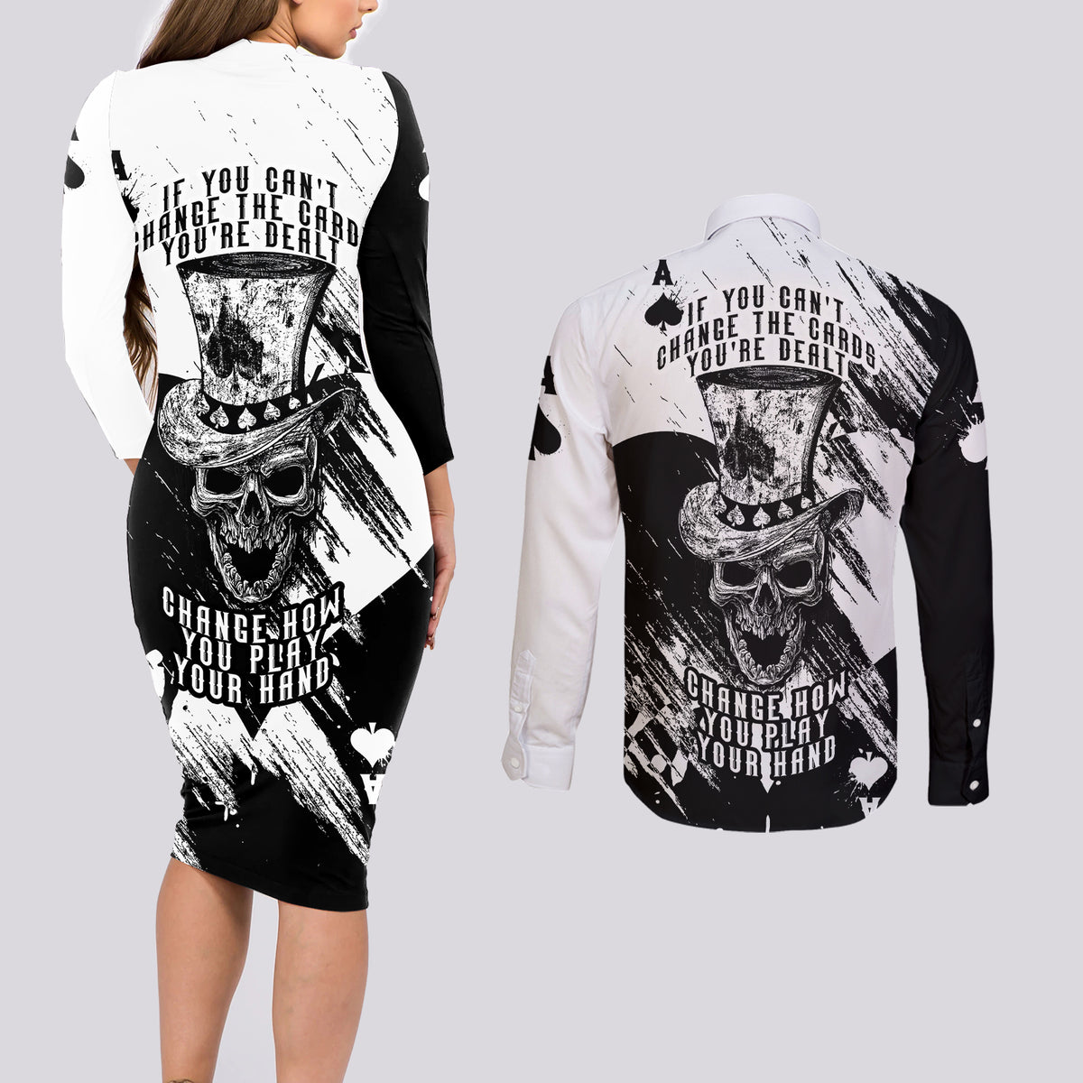 Black Joke Skull Couples Matching Long Sleeve Bodycon Dress and Long Sleeve Button Shirts Spade Ace Grunge Art - Wonder Print Shop