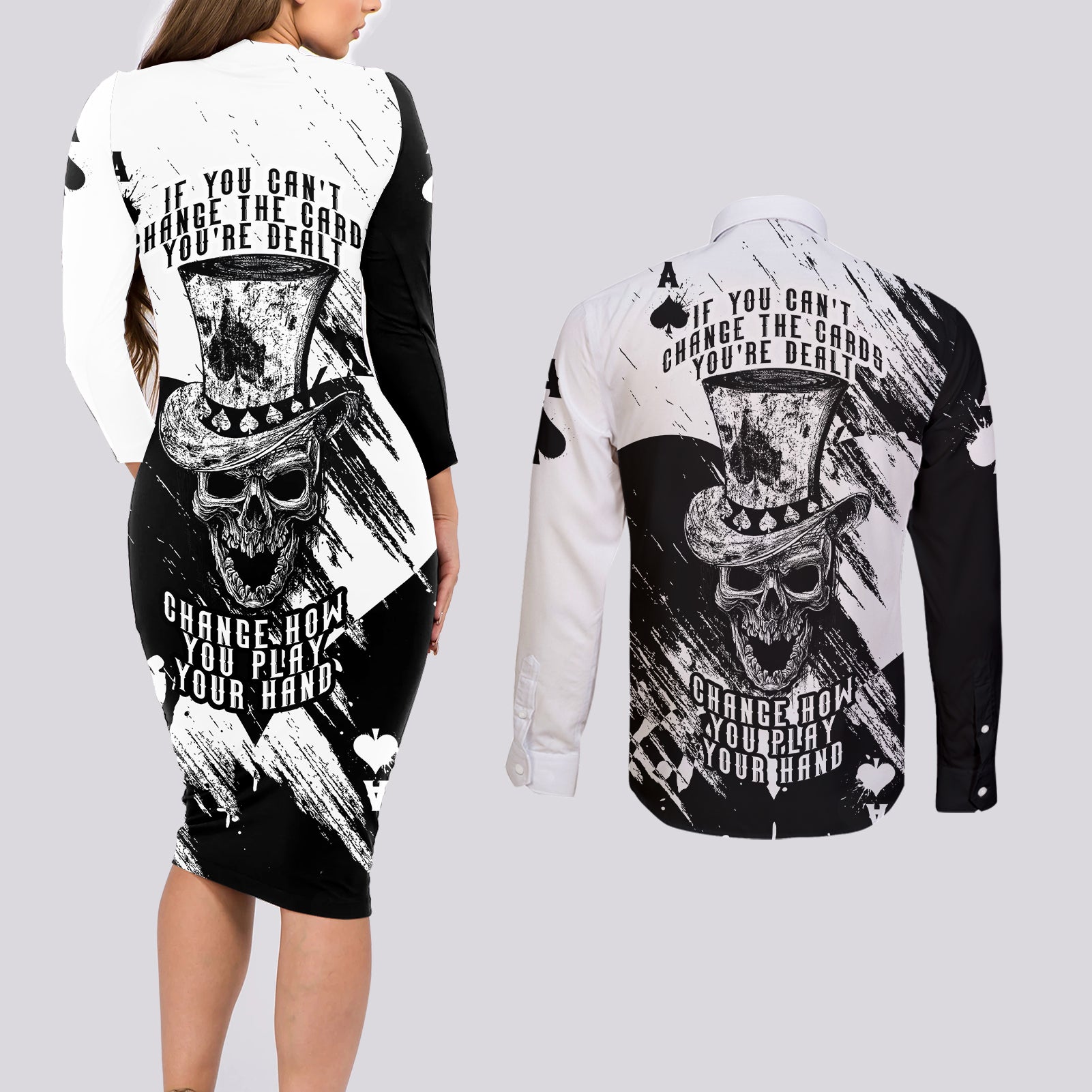 Black Joke Skull Couples Matching Long Sleeve Bodycon Dress and Long Sleeve Button Shirts Spade Ace Grunge Art - Wonder Print Shop