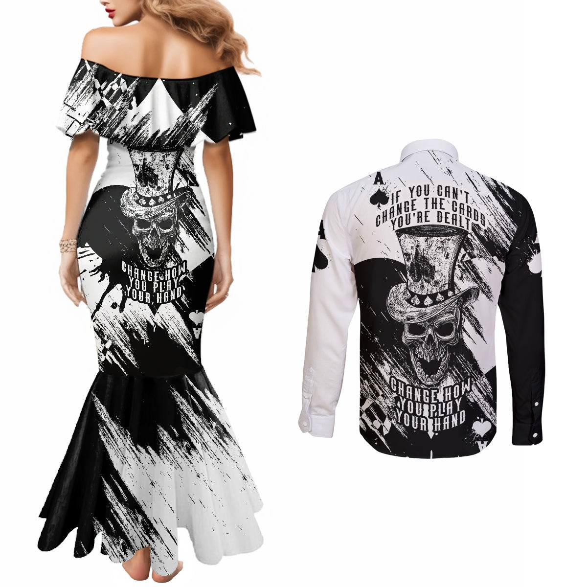 black-joke-skull-couples-matching-mermaid-dress-and-long-sleeve-button-shirts-spade-ace-grunge-art