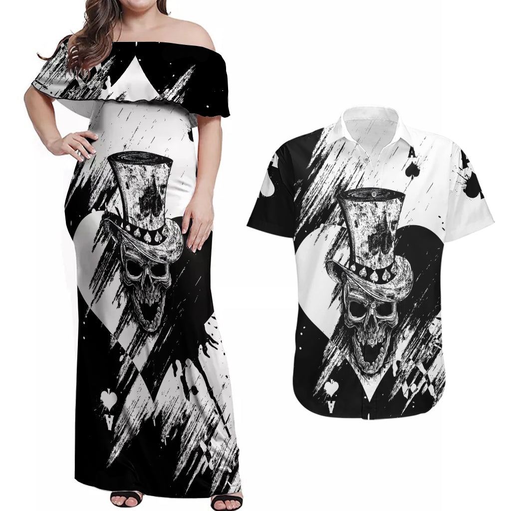 Black Joke Skull Couples Matching Off Shoulder Maxi Dress and Hawaiian Shirt Spade Ace Grunge Art - Wonder Print Shop
