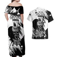 Black Joke Skull Couples Matching Off Shoulder Maxi Dress and Hawaiian Shirt Spade Ace Grunge Art - Wonder Print Shop