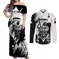 Black Joke Skull Couples Matching Off Shoulder Maxi Dress and Long Sleeve Button Shirts Spade Ace Grunge Art - Wonder Print Shop