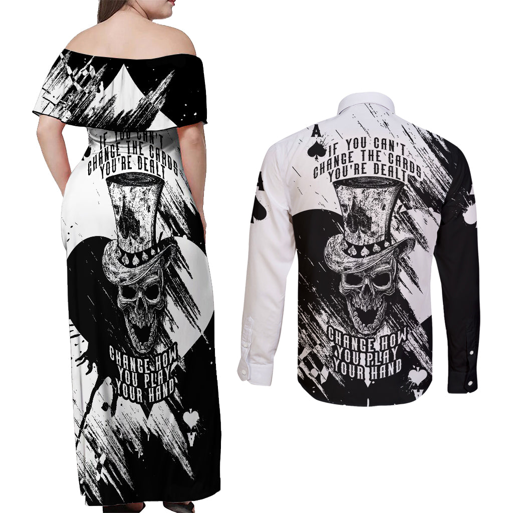 Black Joke Skull Couples Matching Off Shoulder Maxi Dress and Long Sleeve Button Shirts Spade Ace Grunge Art - Wonder Print Shop