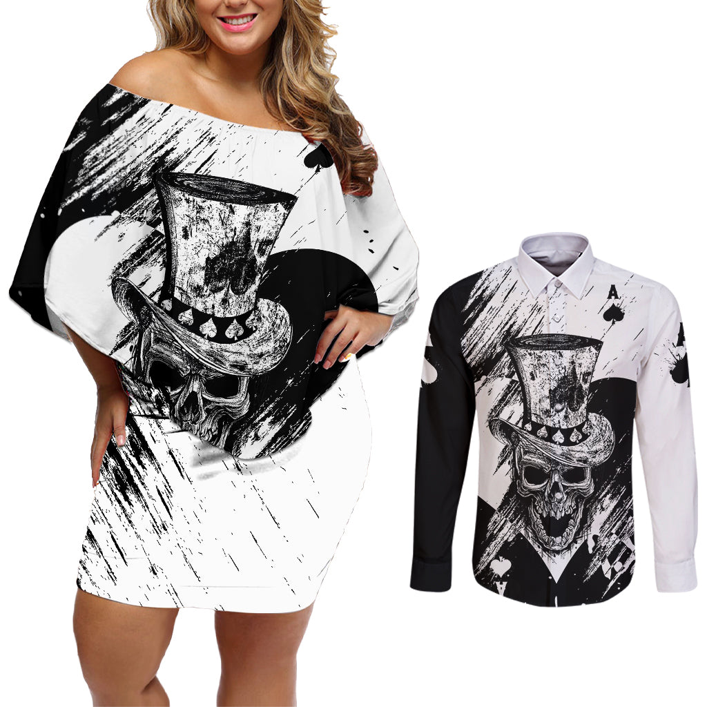 Black Joke Skull Couples Matching Off Shoulder Short Dress and Long Sleeve Button Shirts Spade Ace Grunge Art - Wonder Print Shop