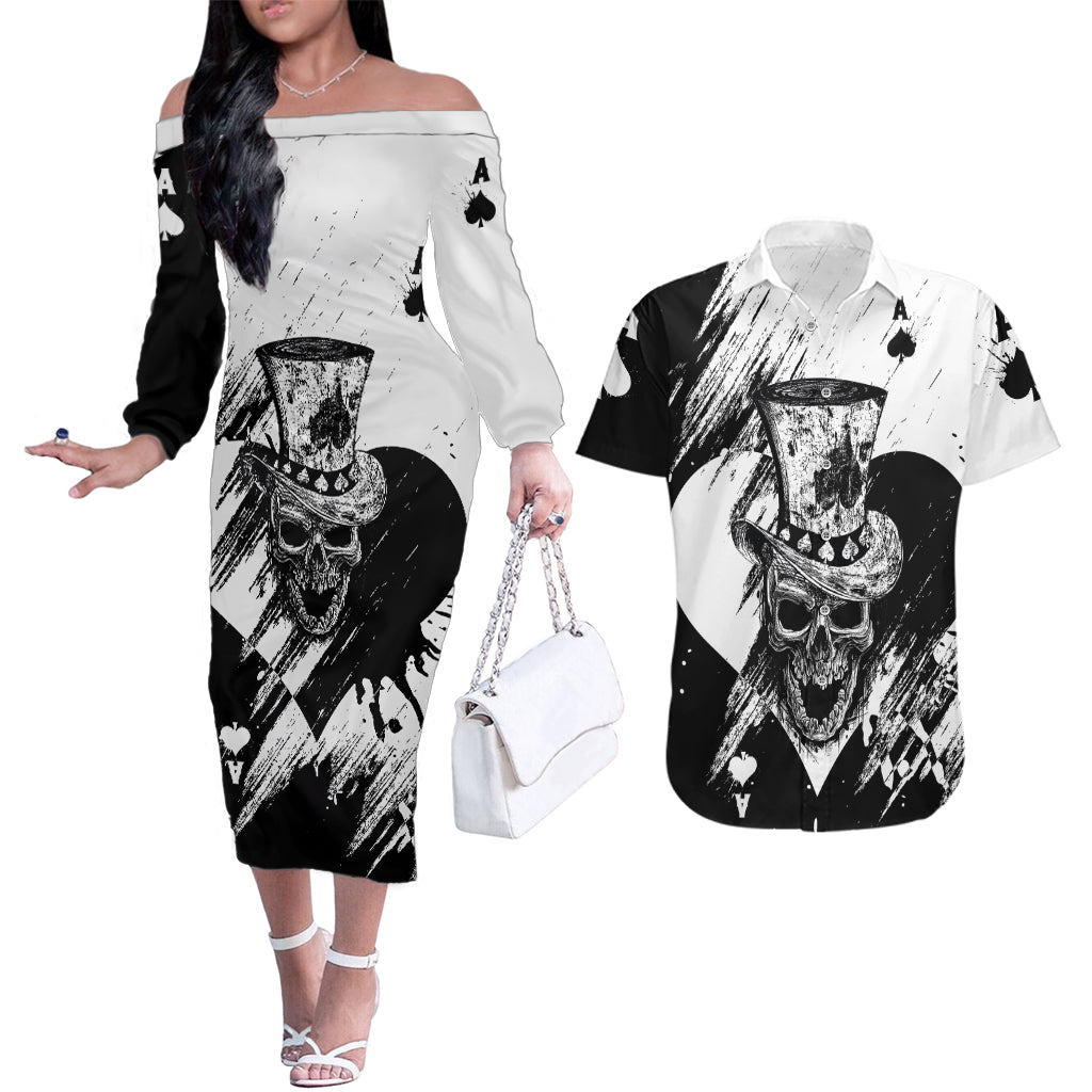 Black Joke Skull Couples Matching Off The Shoulder Long Sleeve Dress and Hawaiian Shirt Spade Ace Grunge Art - Wonder Print Shop