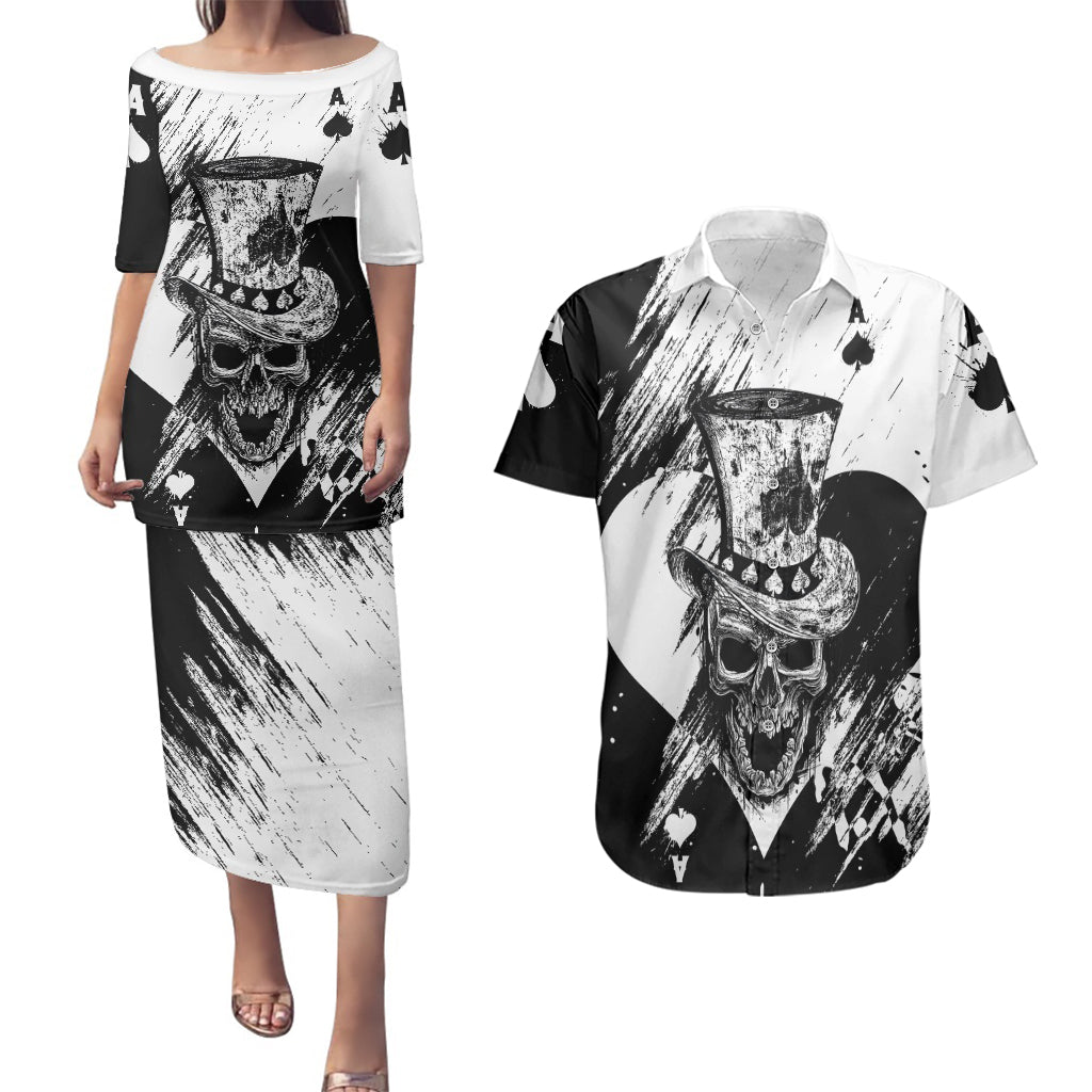 Black Joke Skull Couples Matching Puletasi Dress and Hawaiian Shirt Spade Ace Grunge Art - Wonder Print Shop