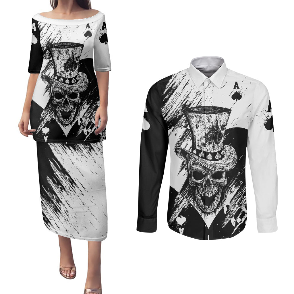 Black Joke Skull Couples Matching Puletasi Dress and Long Sleeve Button Shirts Spade Ace Grunge Art - Wonder Print Shop