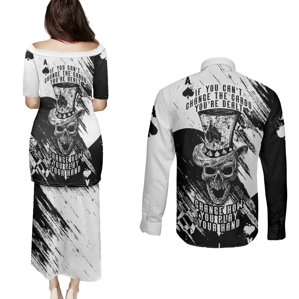 Black Joke Skull Couples Matching Puletasi Dress and Long Sleeve Button Shirts Spade Ace Grunge Art - Wonder Print Shop