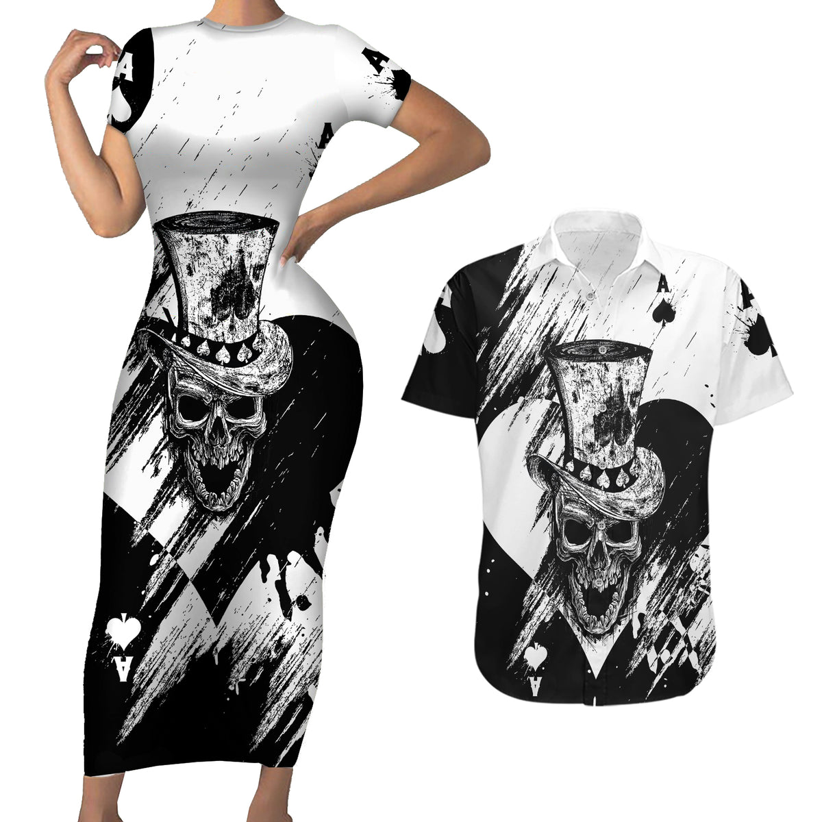 Black Joke Skull Couples Matching Short Sleeve Bodycon Dress and Hawaiian Shirt Spade Ace Grunge Art - Wonder Print Shop