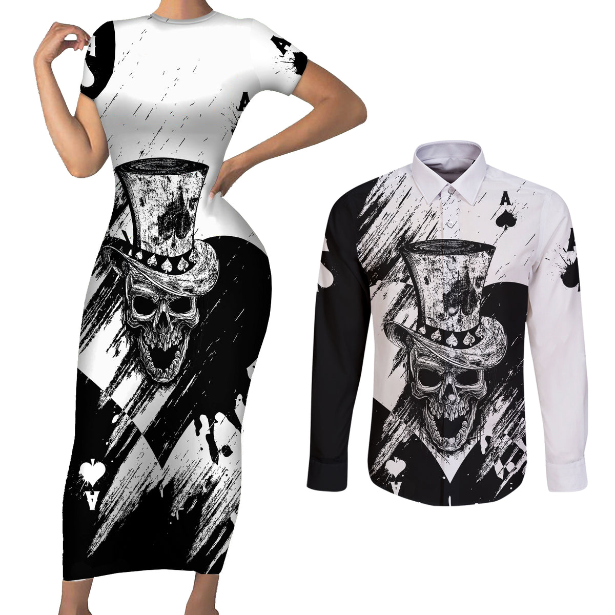Black Joke Skull Couples Matching Short Sleeve Bodycon Dress and Long Sleeve Button Shirts Spade Ace Grunge Art - Wonder Print Shop